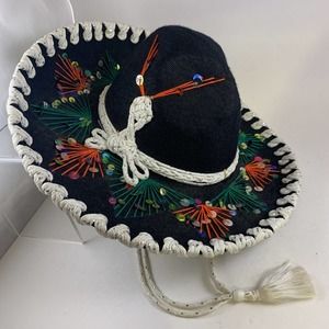 PIGALLE 5X Mexican Sombrero Mariachi Fiesta Black MultiColor Vintage Hat XS